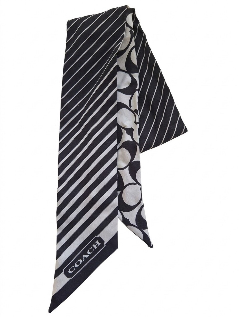 Coach Signature C Stripe Reversible Silk Skinny Scarf Twilly